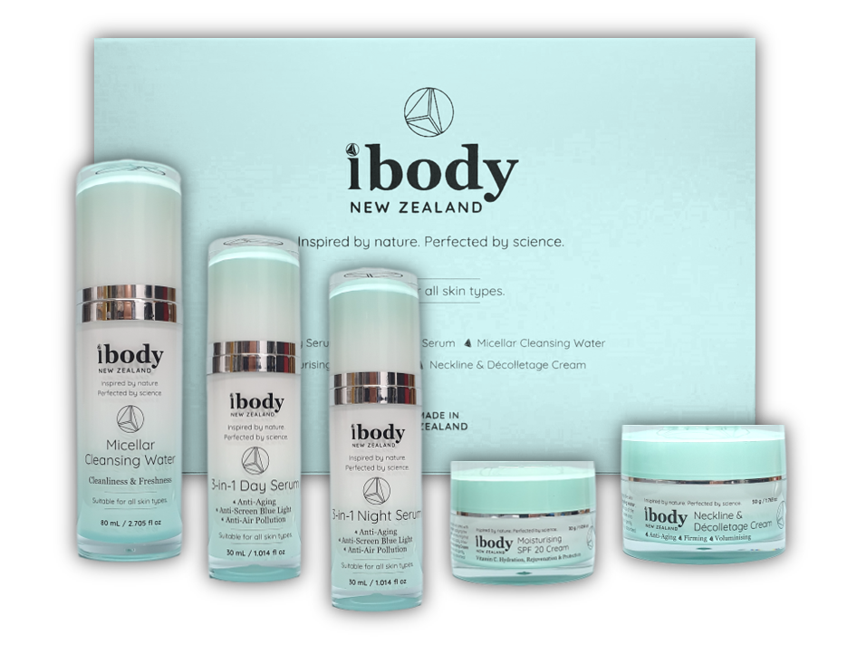ibody NZ skincare Gift Box set of Serums, Cleanser, and Creams. Anti-Aging | Anti-Screen Blue Light | Anti-Air Pollution | Cleanliness & Freshness | Hydration, Rejuvenation & Protection | Firming, & Voluminising. Anti Pollution. Hyaluronic acid - Mountain Pepper extract - Kangaroo Paw extract - Peptides - Ashwagandha extract - Larch tree - Vitamins C & E - Lipid - Amino acid