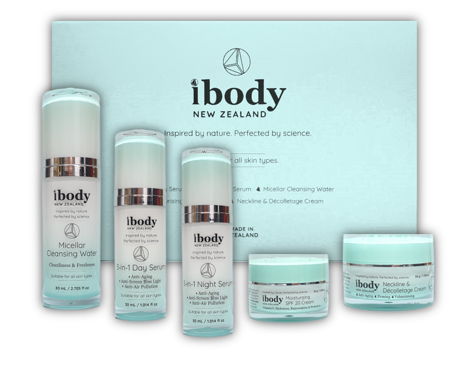 ibody, ibodyNZ, ibody New Zealand. ibody NZ skincare Gift Box set of Serums, Cleanser, and Creams. Anti-Aging | Anti-Screen Blue Light | Anti-Air Pollution | Cleanliness & Freshness | Hydration, Rejuvenation & Protection | Firming, & Voluminising. Anti Pollution. Hyaluronic acid - Mountain Pepper extract - Kangaroo Paw extract - Peptides - Ashwagandha extract - Larch tree - Vitamins C & E - Lipid - Amino acid 